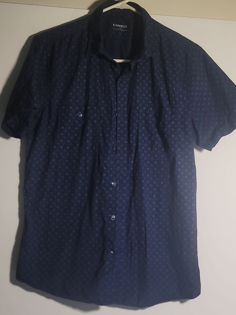 Express Navy Short-Sleeve Button Down Shirt with Dot Print